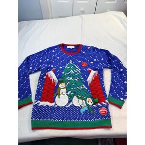 Jolly Sweaters Mens Large Blue Light Up Ugly Christmas Sweater Snowman Tree L